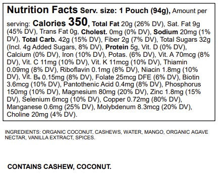 ingredients and nutritional facts for mango liquid thickened beverage